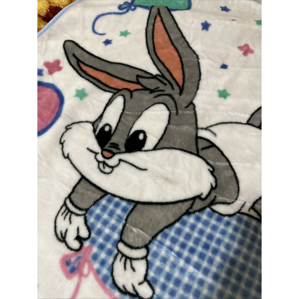 Vtg 2000s Y2K Baby Looney Tunes Baby Blanket Crib Plush Bugs Bunny Balloon